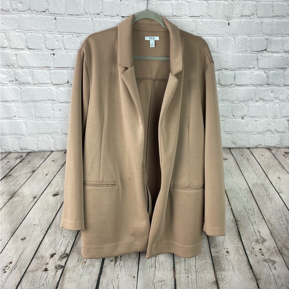 FLX Women's Open-Front Longline Blazer Jacket in Taupe